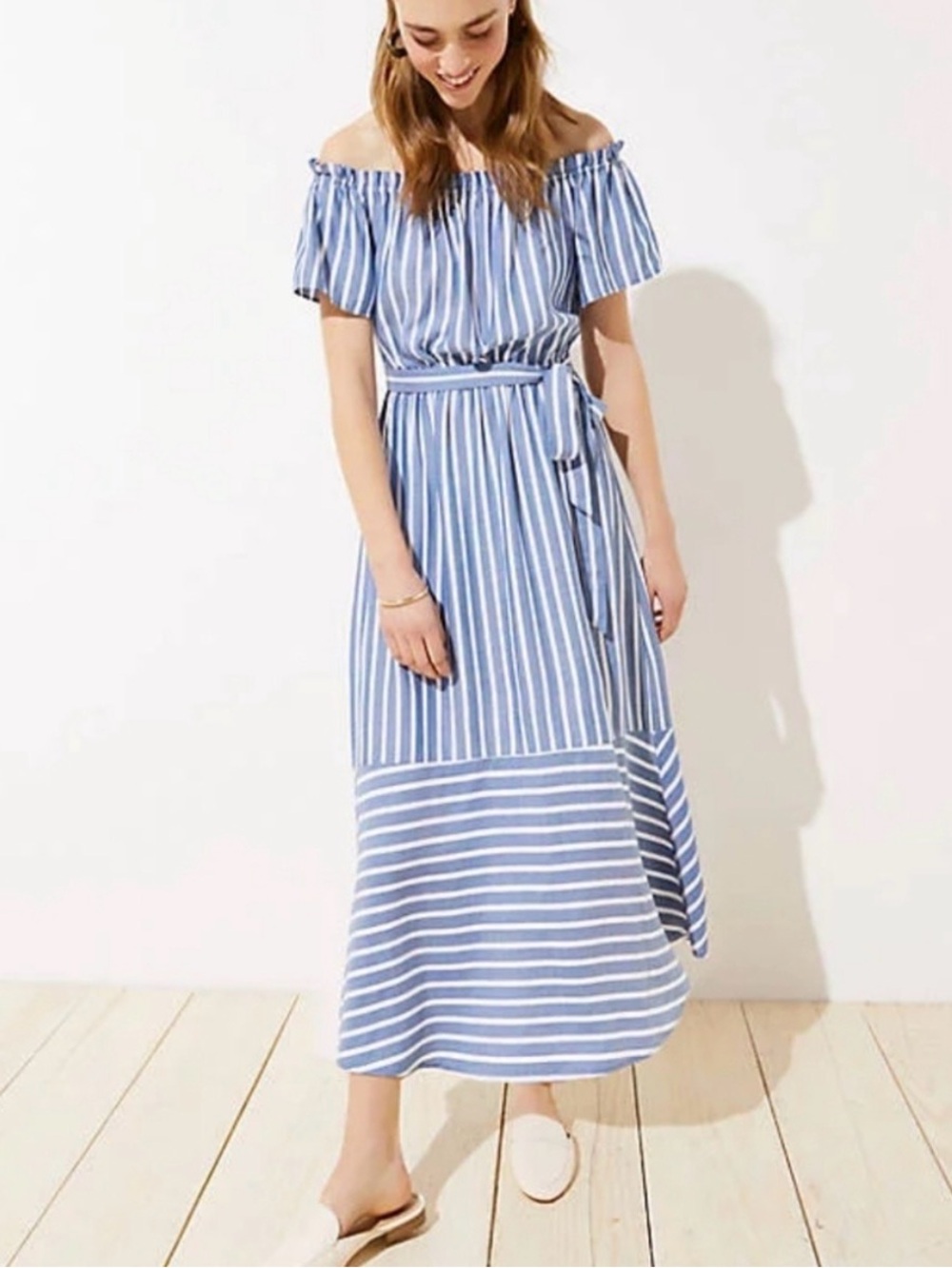 LOFT Blue & White One-Shoulder Striped Midi Dress